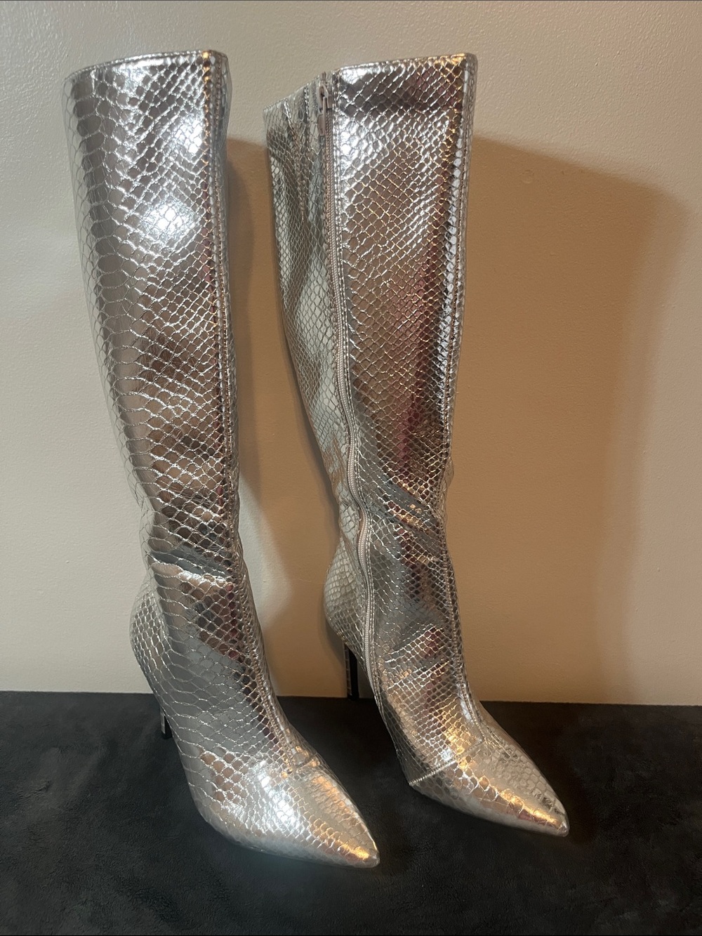 Silver Snake-Embossed Knee-High Pointed Toe Boots SZ 7.5
